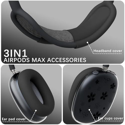 Joyland Silicone Case for AirPods Max Headphones,Black Flowers Soft TPU Ear Cups Cover/Ear Pad Cover/Headband Protection for Apple AirPods Max USB-C/Lightning (2024/2020),Clear Black - color: Black-Black Flowers