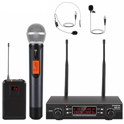 200-Channel Wireless Microphones System, Wireless Lavalier Microphone, Dual UHF Bodypack Cordless Lavalier Mic System Set, Auto Scan, Long Range 200-240Ft, 16 Hours Ideal for Church (Black)