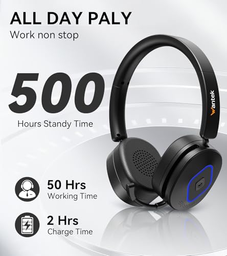Wantek Wireless Headset with Mic,Bluetooth Computer Headset with USB Dongle | Noise cancelling mic, mute button and volume controls for clear calls on Zoom, Microsoft Teams, meetings and home office work - color: Dark black