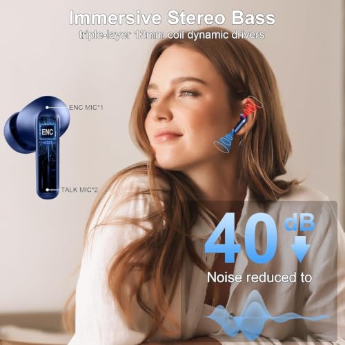 Wireless Earbuds, Bluetooth 5.4 Headphones, 4 ENC Mics, In-Ear Earphones | Deep Bass Stereo, 40H Playtime, LED Display, Mini Charging Case, Ear Buds, IP7 Waterproof, Wireless Headphones, Android, iOS - color: Dark Blue