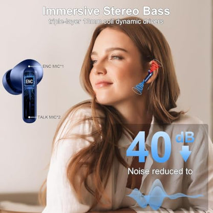 Wireless Earbuds, Bluetooth 5.4 Headphones, 4 ENC Mics, In-Ear Earphones | Deep Bass Stereo, 40H Playtime, LED Display, Mini Charging Case, Ear Buds, IP7 Waterproof, Wireless Headphones, Android, iOS - color: Dark Blue
