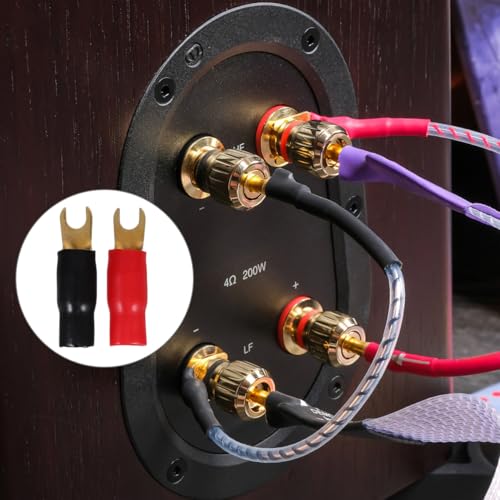 3 Pairs Copper Gold Plated 0 Gauge Spade Terminal Crimp Connectors Adapters Crimp Barrier Spades for Speaker Wire Cable Terminal Plug - 0GA (Red and Black)
