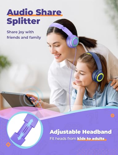 iClever HS22 2-Pack Kids Headphones with Sharing Splitter for School Travel | SafeSound Tech3.0, Share Audio, Tangle-Free, 3.5mm Jack, Foldable, Stereo Sound, Wired Headphones for Kids, Purple & Green - color: Purple & Green