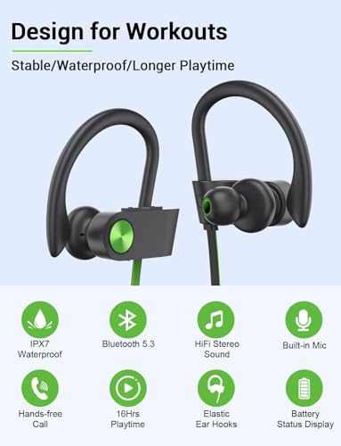 Bluetooth 5.3 Headphones, Wireless Sports In-Ear Earbuds IPX7 Waterproof | 16 Hours Playtime, Sweatproof Stereo Earphones with MIC, Noise Cancelling Headsets for Gym Running Workout, Clear Sound - color: A,GreenBlack