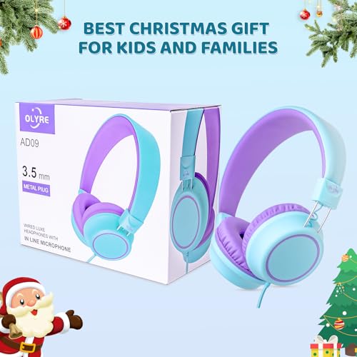 Olyre Kids Headphones, Toddler Headphones with Cord for School Plane Travel, Lightweight Stereo Wired Children Earphones with HD Microphone for Boys Girls for PC Cellphone Tablet(Icy Mint Blue/Purple) | Blue, purple; Over ear headphones with cord for scho