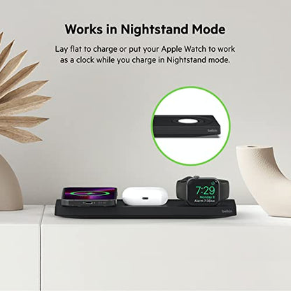 Belkin MagSafe 3 in 1 Wireless Charging Pad, Fast Charger (Renewed) | Apple Watch, iPhone 17/16/15/14, AirPods compatible, fast charging, certified refurbished, multi-device, Magnetic - color: Black, style: Certified Refurbished