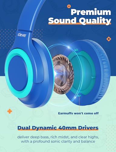 iClever HS22 2-Pack Kids Headphones with Sharing Splitter for School Travel | SafeSound Tech3.0, Share Audio, Tangle-Free, 3.5mm Jack, Foldable, Stereo Sound, Wired Headphones for Kids, Green & Blue - color: Green & Blue