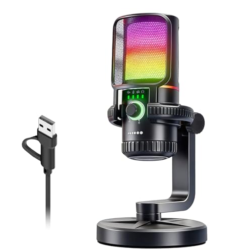 Docooler USB Condenser Dynamic Microphone with ENC Noise Reduction Quick Mute RGB Lighting Volume Gaming Microphone Control for Laptop Desktop PC Gaming Live Streaming Recording