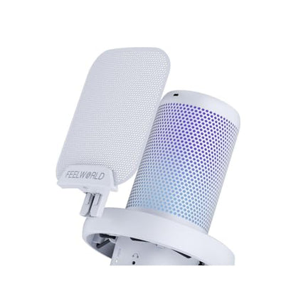 FEELWORLD VM1 USB Condenser Gaming Microphone for Streaming Noise Cancellation Mute RGB Light One-Key Mute Desktop Stand (White)