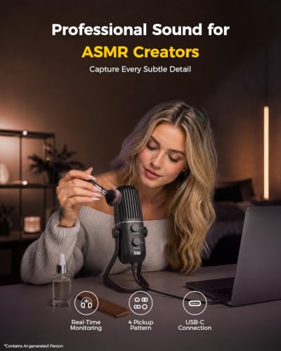 XTUGA X-4 Creators Condenser Microphone,Metal ASMR Microphone,Streaming Mic | 4-Pattern Pickup,Plug & Play,Zero-Latency,48kHz/16bit,Desktop Gaming Microphone for PC,Streaming,Podcast,Studio Recording