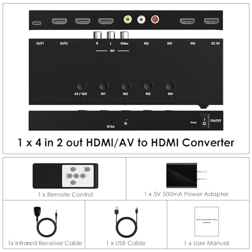 2-in-1 HDMI & AV Switcher,3 HDMI+1 RCA Inputs with 2 HDMIOutput,Support HDCP 2.2, 3D, 4:3/16:9 Aspect Ratio, Compatible with Xbox/Nintendo Switch/PS5/4,Roku/Wii/N64–Play Modern & Retro Games on 2 TV - size: 3 HDMI+1 RCA Inputs & 2 HDMI Output