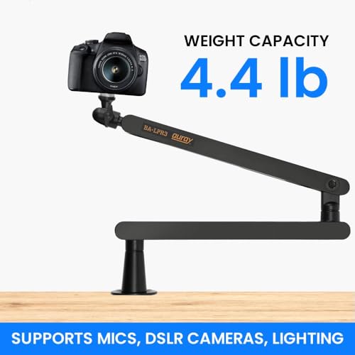 Low-Profile Broadcast Arm w 6" Riser, Supports Mics & Cameras up to 4.4 lbs | 360° Rotatable Adjustable Foldable Microphone Low Arm Desk Mount for Podcast/Streaming/Gaming/Radio Studio by AURAY