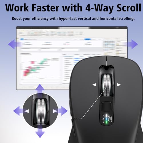 CITLLA Wireless Bluetooth Mouse (USB + BT1 + BT2), Full Size, 4-Way Scrolling, Multi-Device Silent Mouse for Computer, Laptop, iPad, MacBook (Black) - color: Black