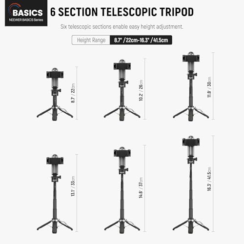 NEEWER Selfie Stick Tripod for iPhone, Lightweight Foldable Mini Travel 360° Desk Stand with Cell Phone Holder Cold Shoe for Video Recording Vlog Streaming, Remote Shutter & Cleaning Cloth, P15 Black