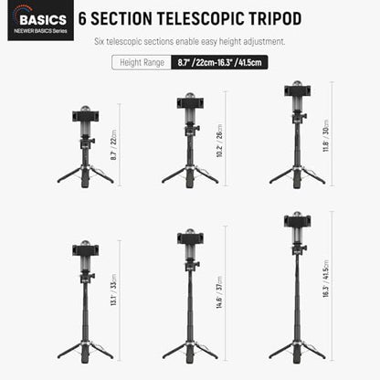 NEEWER Selfie Stick Tripod for iPhone, Lightweight Foldable Mini Travel 360° Desk Stand with Cell Phone Holder Cold Shoe for Video Recording Vlog Streaming, Remote Shutter & Cleaning Cloth, P15 Black