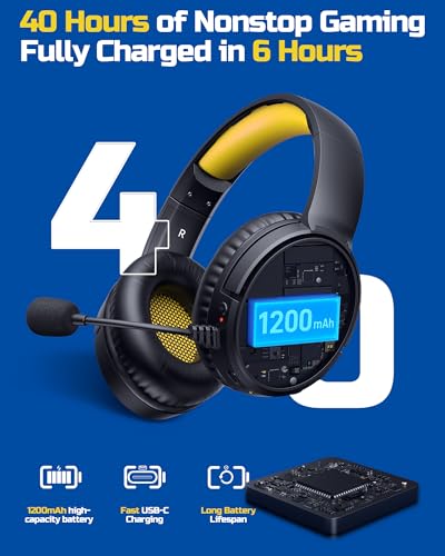 BINNUNE Wireless Gaming Headset — 2.4GHz Low-Latency USB Dongle + Bluetooth, 50mm Drivers 7.1 Surround, Noise-Cancelling Mic, 40H Battery — Over Ear Wireless Headphones for PS5, PC, Laptop, Yellow - color: Yellow, style: For PS5