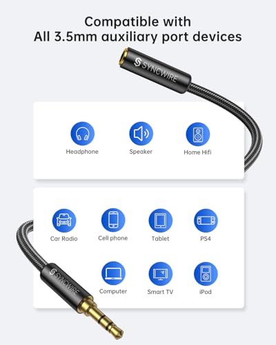 Syncwire Headphone Extension Cable - 6FT [Hi-Fi Sound][Gold Plated Jack][TRS] Nylon-Braided 3.5mm Male to Female Audio Extension Cord Compatible with iPhone iPad Smartphone Tablets Media Players - size: 6 feet
