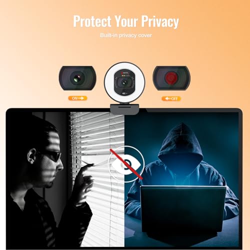 Angetube 4K Webcam with Light for PC, UHD Computer Web Camera for Desktop | TOF AutoFocus, 2 AI Noise Reduction Mics, 1080p@60FPS, USB Streaming Web Cam Built in Privacy Cover for Laptop Mac Zoom Teams - size: TOF 4K Webcam with Ring Light