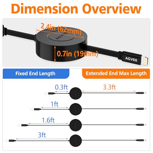 AGVEE 0.3ft Fixed / 3.3ft Extend Single-End Retractable Lightning Cable | Desk-Mounted, Pocket Size, 2.4A Fast Charger Cord for iPhone 14/13/12/11/XS/8/7/6/5, iPad, iPod, Cord Organizer - size: 0.3ft Fixed / 3.3ft Extend, style: A to Lightning