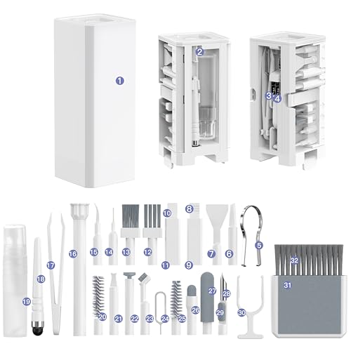32-in-1 Electronics Cleaning Kit for Phone, Earbuds, Keyboard & Camera Lens | Charging Port Cleaner | Compatible with iPhone, AirPods, Android Devices, Laptop & Monitor | All-in-One Cleaning - color: White