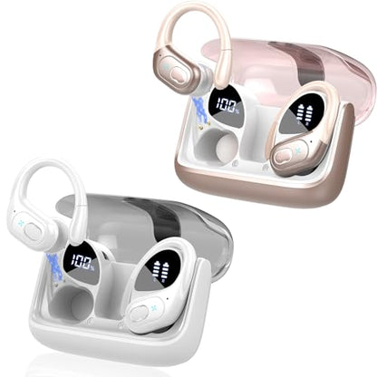 Aptkdoe 2 Sets Wireless Earbuds Sport, Bluetooth 5.4 Over Ear Buds Stereo Deep Bass Over Ear Bud with Earhooks, 75H Wireless Earphones with Mic, IPX7 Waterproof Earphone for Sports Rose Gold+White