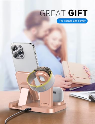 Wireless Charging Station 3 in 1 RJR Compatible with Apple Devices, Charging Dock for iWatch, Built-in Wireless Charger Stand for iPhone Series AirPods Gifts (with 18W Adapter) Rose Gold