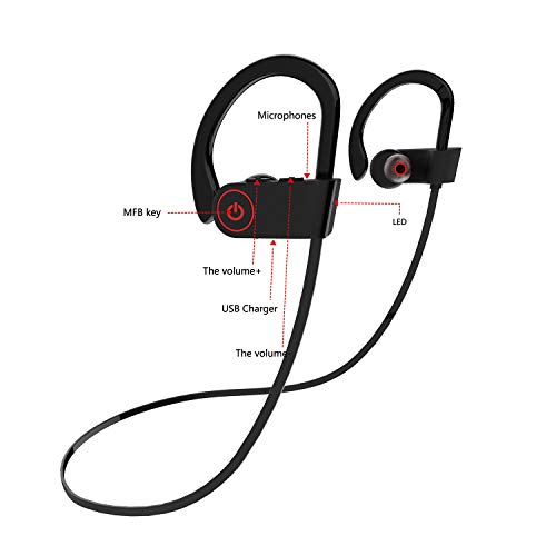 IPX7 Waterproof Wireless Headset Sports Bass Wireless Bluetooth 5.0 Earphones Hanging Ear with Microphone (Red) - color: Red