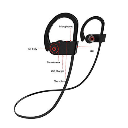 IPX7 Waterproof Wireless Headset Sports Bass Wireless Bluetooth 5.0 Earphones Hanging Ear with Microphone (Red) - color: Red