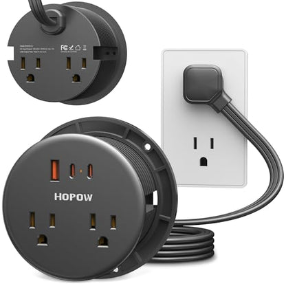 Desk Grommet, Dual-Sided Recessed Power Strip, 4 Outlets 3 USB (2 USB-C) | Flush mount desktop charging station, essential workspace desk outlet. 6.5FT flat plug extension cord, home office, black