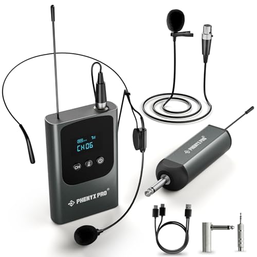 Phenyx Pro Single Digital Headset/Lapel/Lavalier Microphone System PDP-1-1B | Bodypack Transmitter, Mini Receiver, 15 Channels, Hands-Free Vocals, Karaoke, Church Services, Weddings, 900MHz
