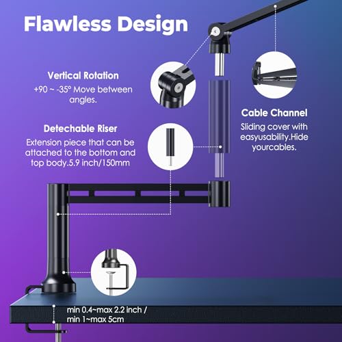 CreaDream Mic Boom Arm, Low Profile Microphone Arm Stand Desk Mount with Screw Adapter, Phone Holder, Detachable Rise Column, Cable Management, for Live Streaming, Gaming, Podcasting, Radio
