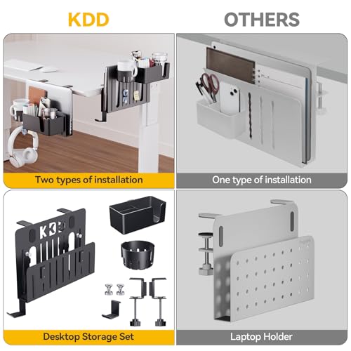KDD 7 in 1 Desk Side Organizer Set, Under Desk Laptop Holder Storage, No Drill Laptop Stand Mount with 2 Cup Holder, Pen Holder, Headphone Hanger and 2 Pin Magnet, Detachable Hanging Stand