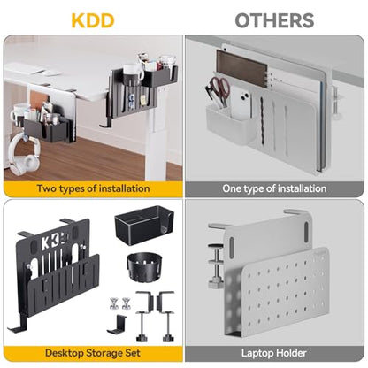 KDD 7 in 1 Desk Side Organizer Set, Under Desk Laptop Holder Storage, No Drill Laptop Stand Mount with 2 Cup Holder, Pen Holder, Headphone Hanger and 2 Pin Magnet, Detachable Hanging Stand