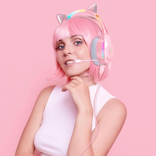 Gaming Headset with Microphone, Cat Ear Headphones for PC Laptop PS4 PS5 Xbox Switch, Pink, Rainbow RGB Lighting & Virtual Surround Sound, 3.5mm Wired Over Ear Headphones, Ergonomic - color: Pink Cat Ear