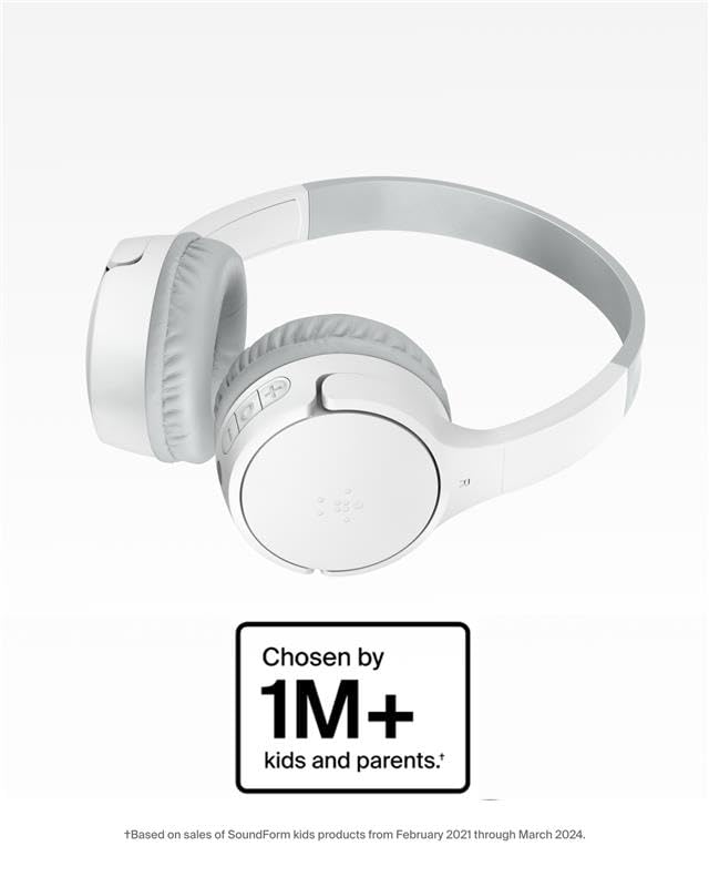 Belkin SoundForm Mini Bluetooth Kids Headphones, On Ear, 30H Battery Life | Toddler headphones, 85dB volume limiter, built-in mic, wired connection option, iPad, Android tablet, school - color: White, style: Wireless (USB-C)