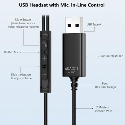 USB Headphones Over Ear Earbuds with Microphone for PC Computer | Noise Isolating In-Ear Stereo Computer Earbuds,Adjustable Ear Hook,Fit Gaming Zoom Office Work for HP/Dell Laptops-Black
