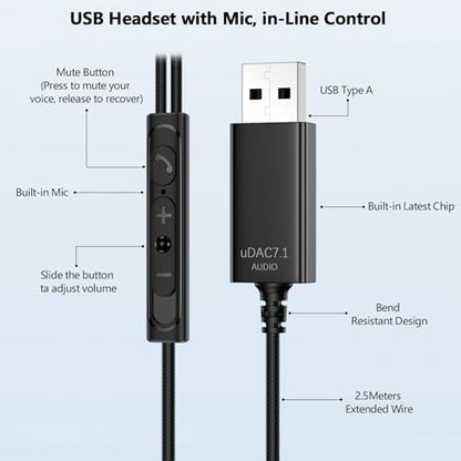 USB Headphones Over Ear Earbuds with Microphone for PC Computer | Noise Isolating In-Ear Stereo Computer Earbuds,Adjustable Ear Hook,Fit Gaming Zoom Office Work for HP/Dell Laptops-Black