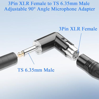 QIANRENON Adjustable 90° Angle XLR Female to 1/4 TS Microphone Adapter 3Pin X-lr Socket to TS 6.35mm Male Mono Unbalanced Right Angle Connector XLR Jack Position Tunable, for Guitar Amplifier Mixer