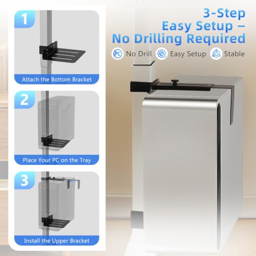 Under Desk PC Mount for Standing Desk, Clamp-On CPU Holder, 50lbs Capacity | Clamp-on for 65-80mm legs. Holds 50lbs, open frame cooling. No-drill, 15-min install. Fits mid-tower PCs.
