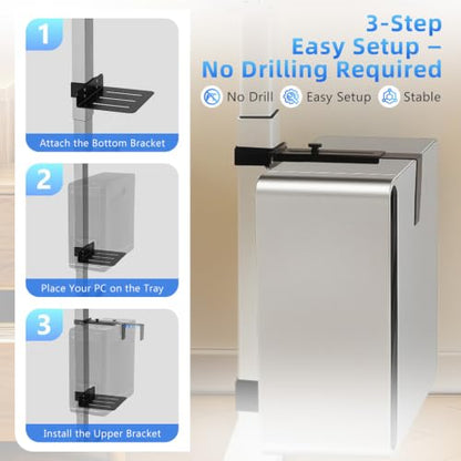Under Desk PC Mount for Standing Desk, Clamp-On CPU Holder, 50lbs Capacity | Clamp-on for 65-80mm legs. Holds 50lbs, open frame cooling. No-drill, 15-min install. Fits mid-tower PCs.