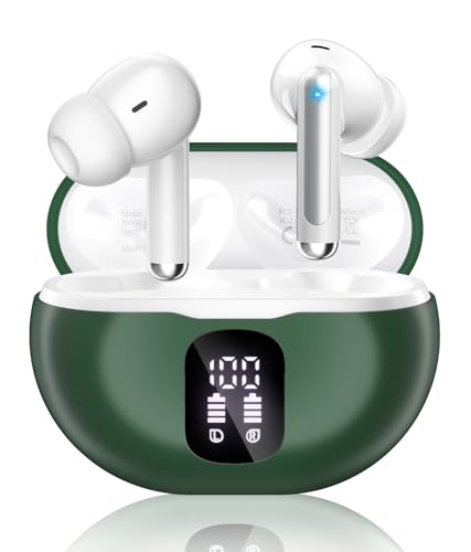 Wireless Earbuds, Bluetooth 5.4 Ear Buds Bass Stereo, Headphones with Noise Cancelling Mic, LED Display in Ear Earphones Clear Calls, IP7 Waterproof Bluetooth Earbuds for Phone/Android/iPad, Green - color: Green