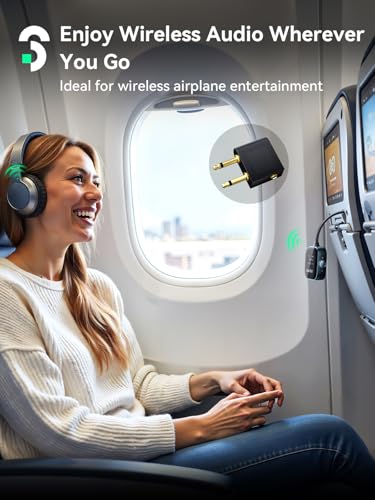 SOOMFON Airplane Bluetooth 5.3 Transmitter Receiver for TV to 2 Headphones | Airplane Bluetooth Adapter Low Latency with LCD Display 3.5mm for Plane Flying Gym Car Home Stereo System 15H Long Playtime