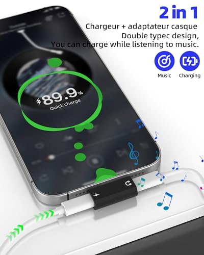 USB C 스플리터 어댑터 헤드폰 아이폰 17 16 15 프로 맥스(2팩) 충전기 타입 C to Aux 케이블 잭 오디오 데이터 전송 더블 폰 고속 충전 아이패드 DAC 포트 이어폰 수 컨버터 안드로이드용