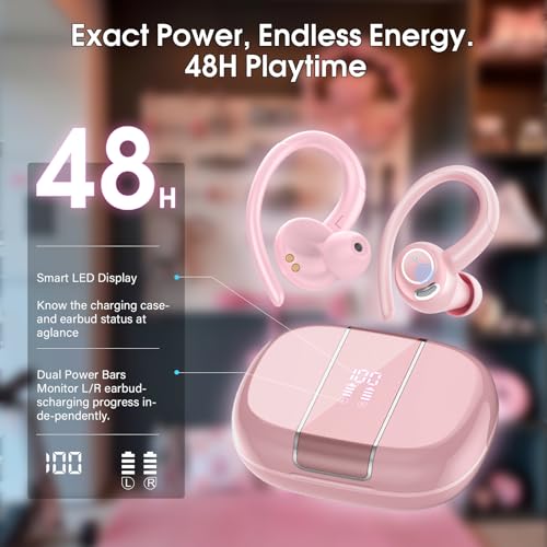 Wireless Sports Earbuds with Earhook, 48H Deep Bass/ENC Mic Ear Buds Rose | Wireless Earphone with LED Display, Bluetooth 5.3 Headphones In Ear, IPX7 Waterproof Over Ear Buds for Running/Workout - color: Rose