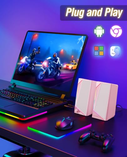 LENRUE Computer Speakers, USB/USB-C Powered AUX Audio for PC Speakers with Loud Stereo Sound, Headphone-in, Touch Lights for Desktop, Computer, Laptop, Desk（USB-C to USB Adapter Included - color: Pink