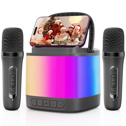 Mini Karaoke Machine, Portable Bluetooth Karaoke Speaker with 2 Wireless Microphones and Phone Holder, Popular Birthday Gifts, Singing Machine for Home Party - color: Gray