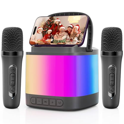 Mini Karaoke Machine, Portable Bluetooth Karaoke Speaker with 2 Wireless Microphones and Phone Holder, Popular Birthday Gifts, Singing Machine for Home Party - color: Gray