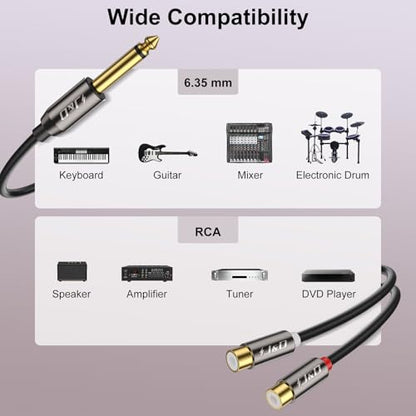 J&D 6.35mm Audio Adapter Cable - 1/4" Mono TS to Dual RCA Female Y Splitter with Gold Plated Connectors for Mixing Consoles and Stereo Systems (8-inch)