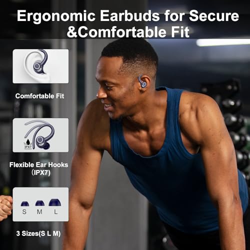 Wireless Earbuds with Earhook, 48Hrs Deep Bass/ENC Mic Ear Buds Deep Blue | Wireless Earphone with LED Display, Bluetooth 5.3 Headphones In Ear, IPX7 Waterproof Over Ear Buds for Running/Workout - color: Deep Blue