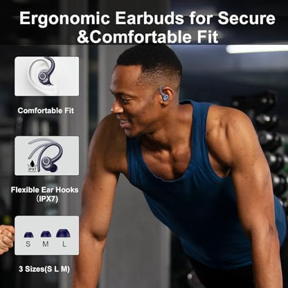 Wireless Earbuds with Earhook, 48Hrs Deep Bass/ENC Mic Ear Buds Deep Blue | Wireless Earphone with LED Display, Bluetooth 5.3 Headphones In Ear, IPX7 Waterproof Over Ear Buds for Running/Workout - color: Deep Blue